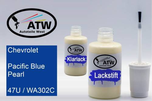 Chevrolet, Pacific Blue Pearl, 47U / WA302C: 20ml Lackstift + 20ml Klarlack - Set, von ATW Autoteile West.
